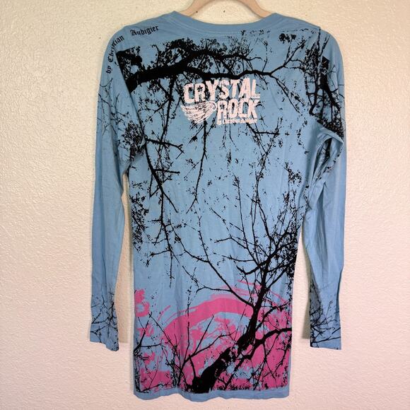 Christian Audigier Crystal Rock Top Womens Large Crane Blossom Y2K Tunic Shirt - Picture 2 of 13